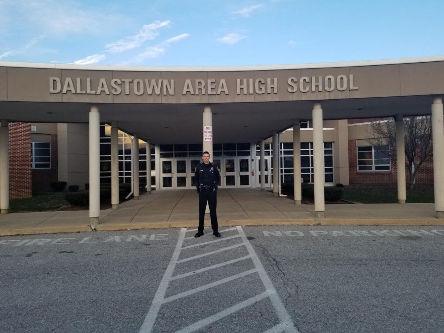 Officer Dalkiewicz, Dallastowns School Resource Officer, stands firm in protecting Dallastown High School.