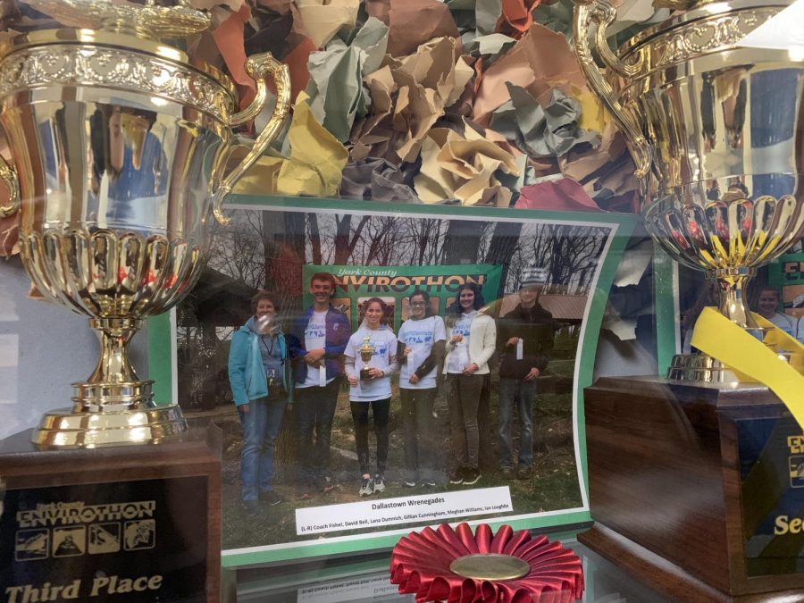 The Dallastown Hellbenders Envirothon team. The trophies they have won in county competitions as well as pictures of the team are in a display case in the science hallway in Dallastown High School.
