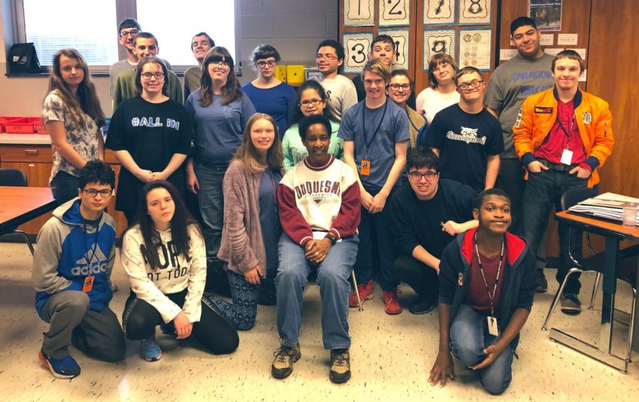 Special Olympics athlete and motivational speaker Loretta Claiborne poses with students in the Functional Friday class on her February 22 visit to Dallastown. Functional Fridays give students in the neurological, autistic, and life skills classes a chance to learn employment and life skills they can use after graduation. 