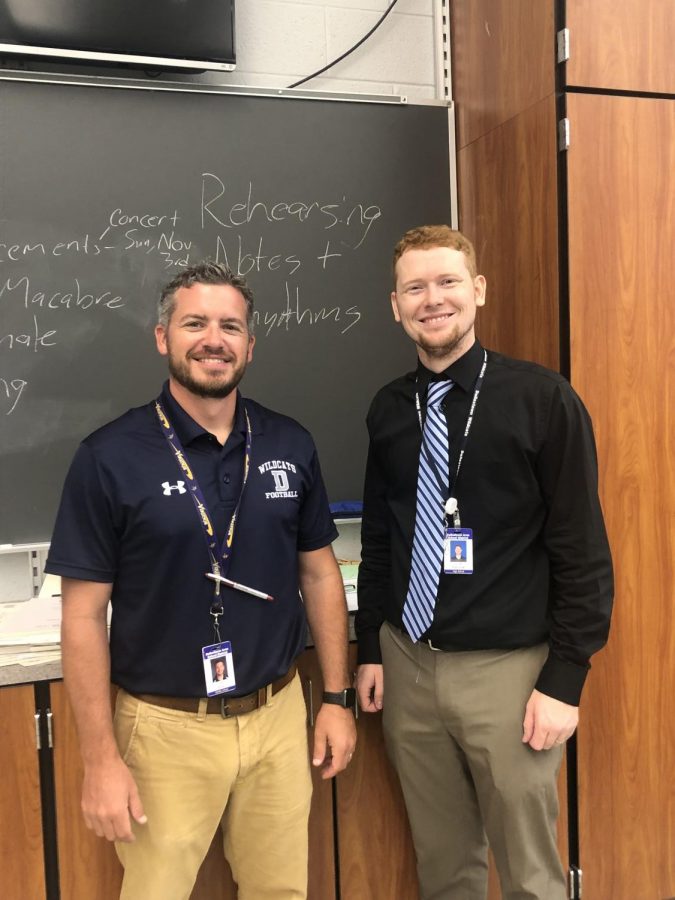 Mr. Buer and Mr. Kaliszak in the orchestra room after 1st period.