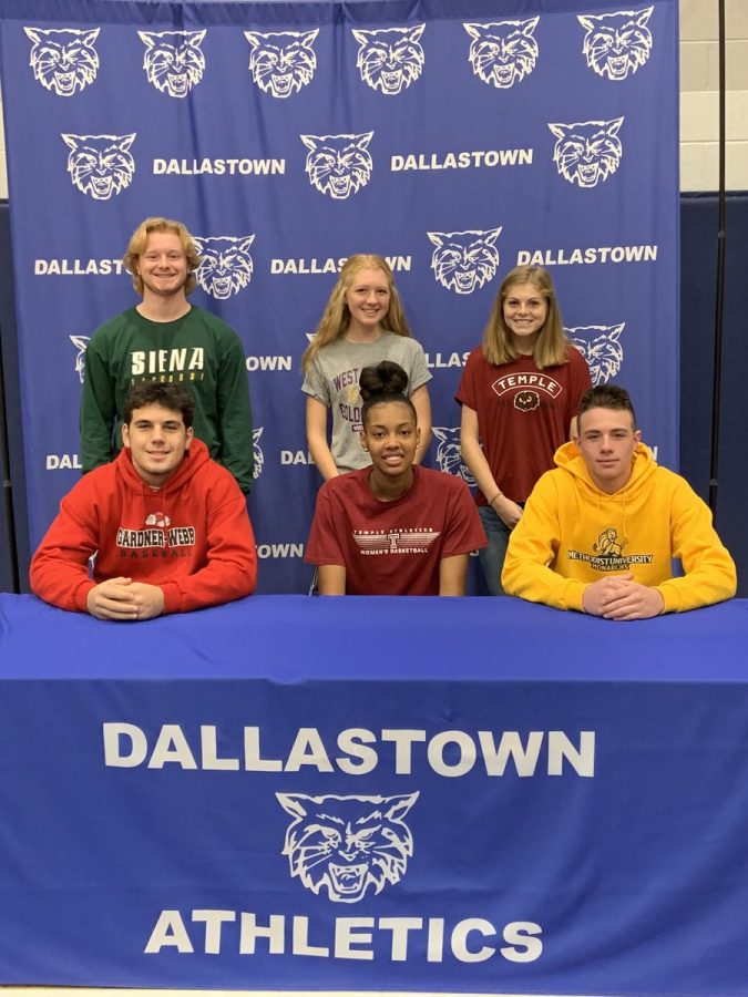 Ethan Eckert, Allie Myers, Emily Schuler, Peter Capobianco, Aniya Matthews, and James Kelly are six Dallastown student athletes who signed Letters of Intent on Nov. 13.  These Dallastown student athletes will be attending college next fall to continue their sports at the collegiate level and further their academic studies. 
