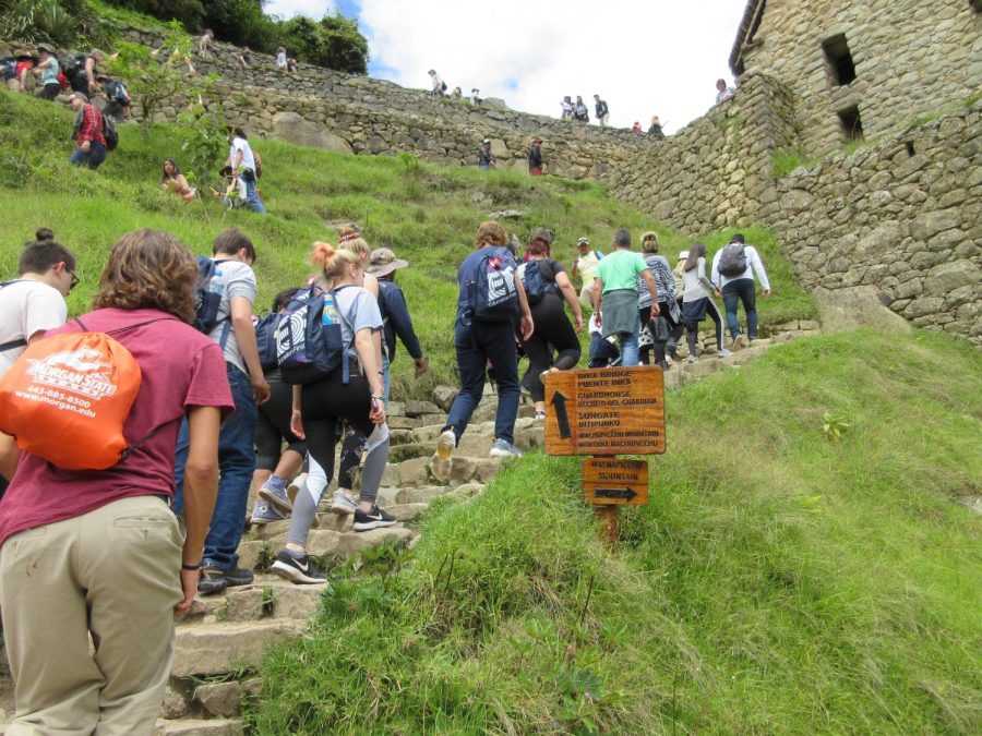 Only after traveling on a train and bus did students make the long uphill trek to the ancient city of Machu Picchu. 