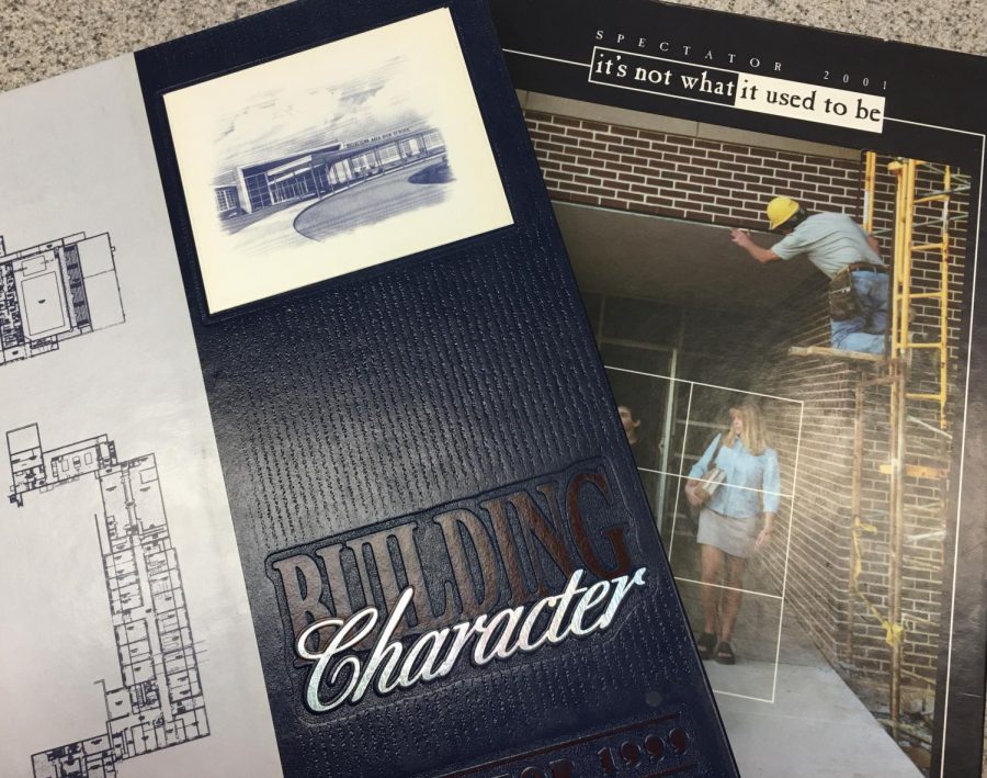 Yearbooks from 1999 and 2001 commemorated the major renovation of Dallastown Area High School. The 1999 yearbook has the new building plans displayed on the cover, and the 2000 yearbook has a picture of students and construction workers.