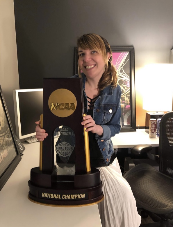 Dallastown graduate Michelle (Fabie) Ma poses with the Atlanta 2020 NCAA Championship trophy. The NCAA March Madness was historically cancelled due to the Coronavirus Pandemic, which was the first time the Division I Men’s series had been cancelled since its inception in 1939.