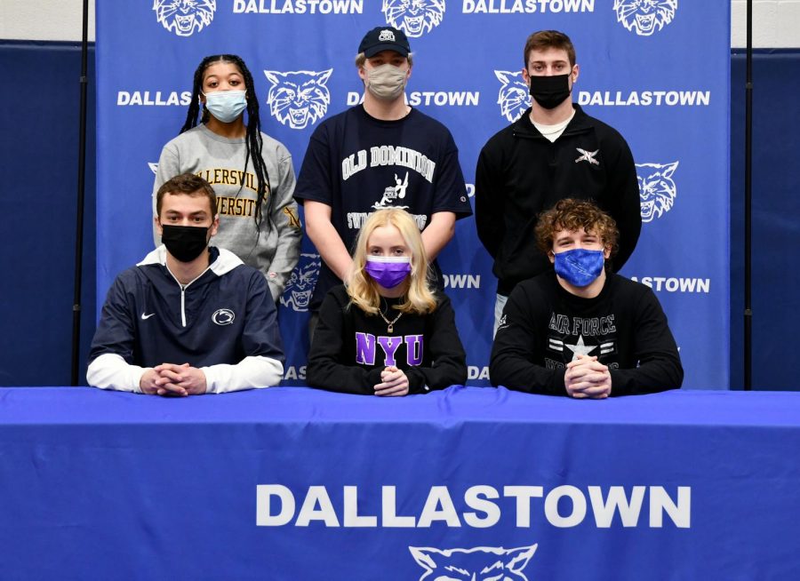 Back row, from left to right is Bria Beverly, Will McDermott, Gavin Flinchbaugh. Front row from left to right is Mitchell Groh, Helen Zardus, and Brooks Gable. They are six Dallastown student-athletes who signed National Letters of Intent on Feb 10. These athletes will be attending college in the Fall of 2021 to continue their sports and further their academic studies.  