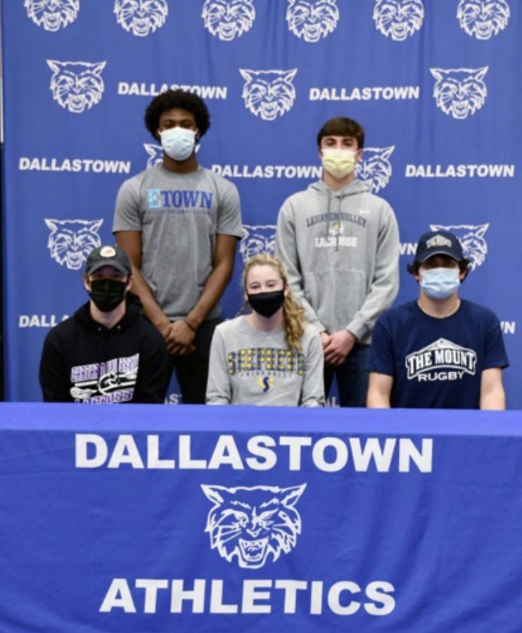 Back row, Jadon Green, Colin Hughes. Front row, Adam DeStefano, Myra Striebig, and Will Borden are six athletes who signed with their college to play at a collegiate level.