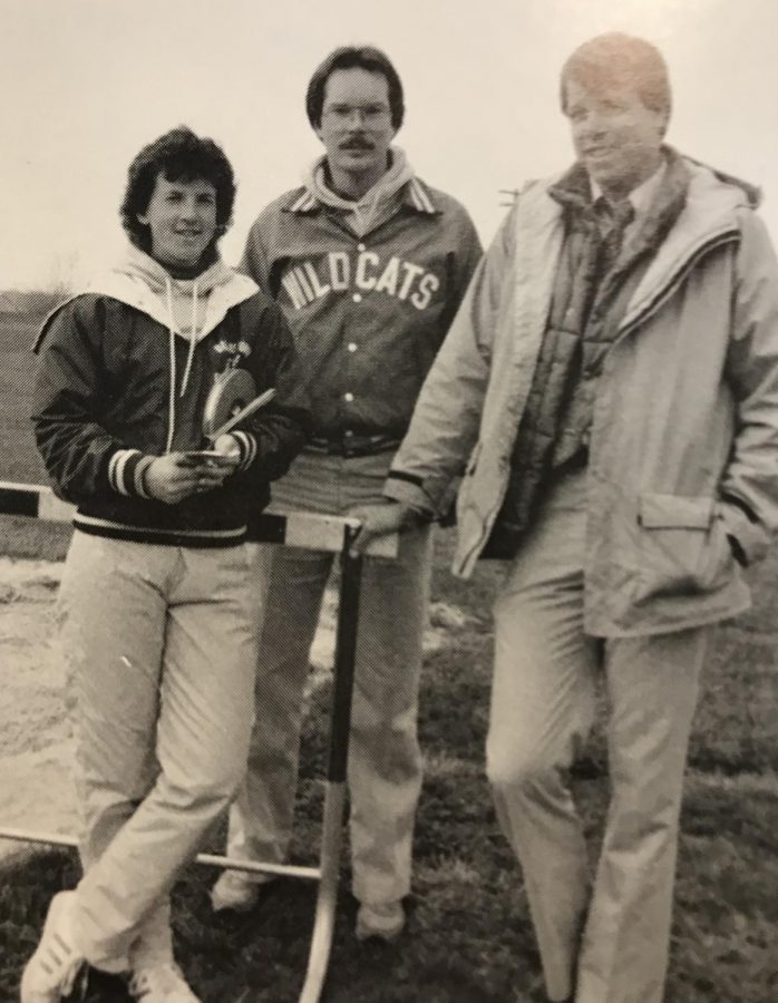 Ray Geesey, pictured here with his track assistant coaches in 1985, coached and taught at Dallastown for over 30 years. Following a liver transplant, he returned to DHS as a volunteer track coach. 