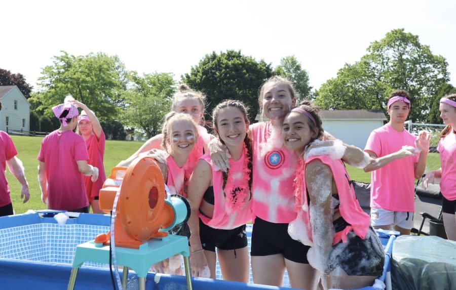 The AvengHERs team posed after completing the foam pit competition. From far left- Chloe Isett, Reagan Klinka, McKenna Kelley, Campbell Willoughby, Annabelle Wunderlich