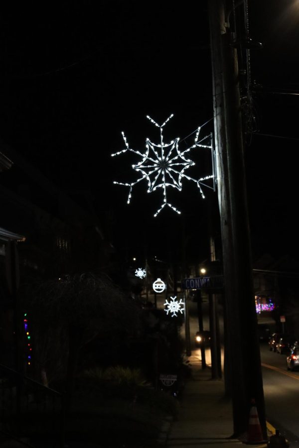 The snowflake and ornament lights alternate up through the town.