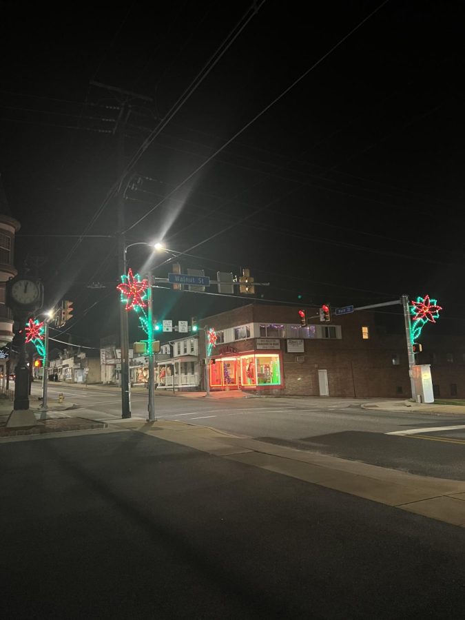 The main square of Dallastown was lit up with red and green with four poinsettia lights hung in the square.