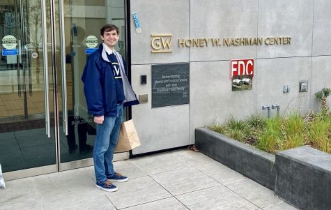 George Washington University senior and Dallastown graduate Dylan Rexroth stands outside of the GW Honey W. Nashman Center for Civic Engagement and Public Service, the office where he works. 