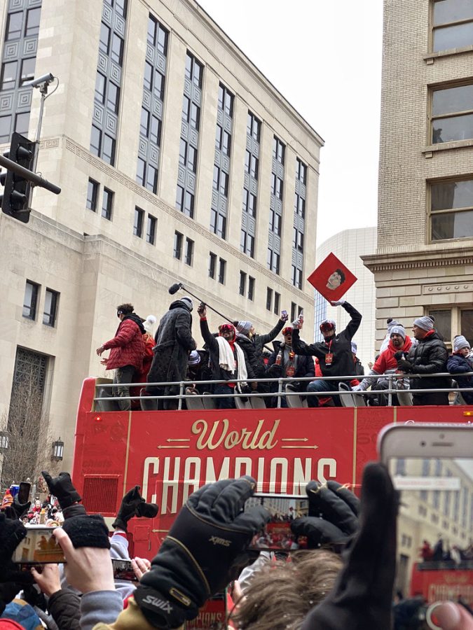 Patrick Mahomes and the Kansas City Chiefs celebrate their last Super Bowl at their Super Bowl Parade. Patrick Mahomes at the Chiefs Super Bowl parade downtown on Grand by Steam Pipe Trunk Distribution Venue is licensed under CC BY 2.0.