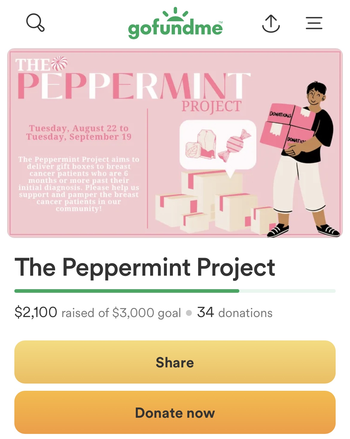 The Peppermint Project is accepting donations via Go Fund Me to support their mission of supporting breast cancer patients. 