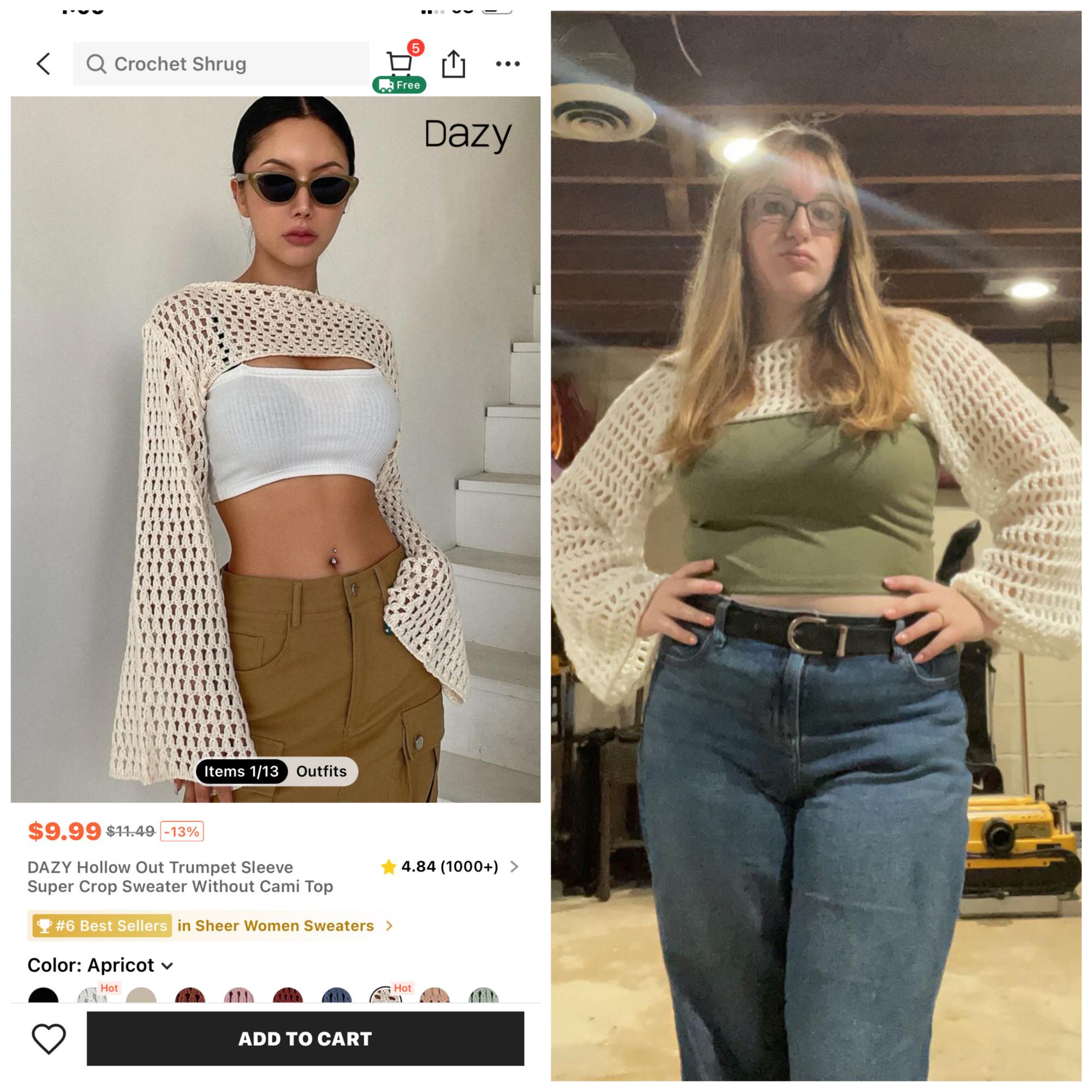 While the two shrugs look identical, the one on the left, offered by Shein, is created with machinery and is sold at a cheaper price. The crocheted item on the right is hand crafted and is higher quality and must be sold at a higher price to make profit.