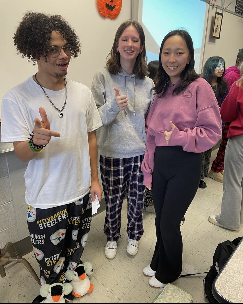 On Monday, after Homecomng, it was the last spirit day, these students dressed in their pjs and comfy clothes.