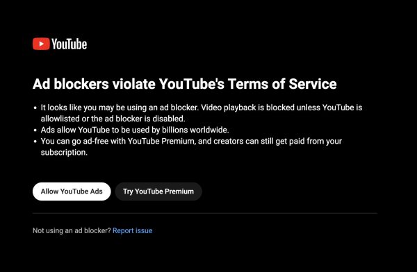 The most recent example of YouTubes ad-block blocker pop-up. This pop-up can not be closed and stops all video playback.