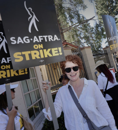 Rebecca Wisocky walks the picket line in solidarity as the SAG-AFTRA strike continues.