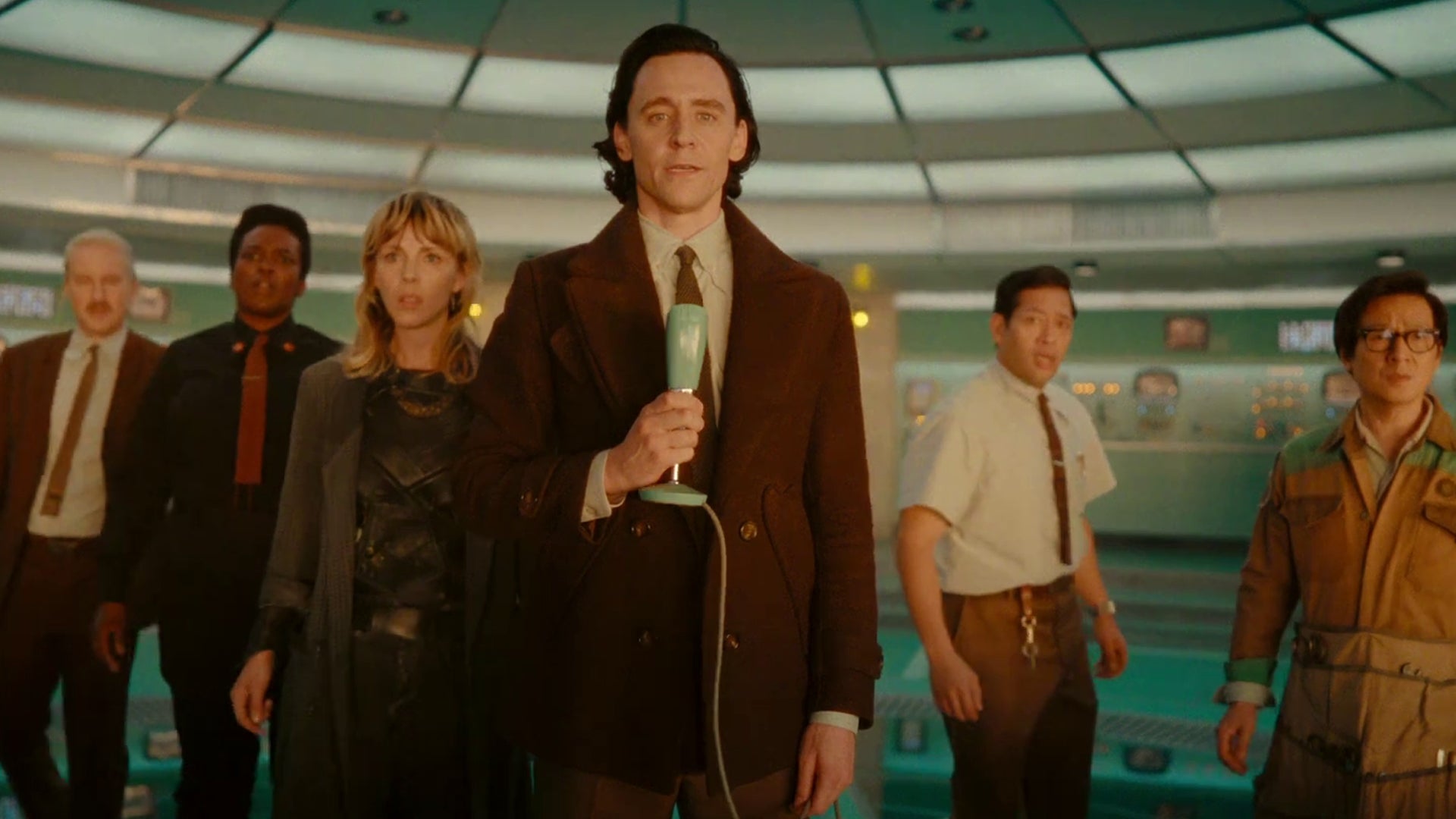 (Left to right) Owen Wilson, Wunmi Mosaku, Sophia Di Martino, Tom Hiddleston, Eugene Cordero, and Ke Huy Quan stand together in the 2nd season finale of Loki, which aired on Thursday, Nov. 9th.
