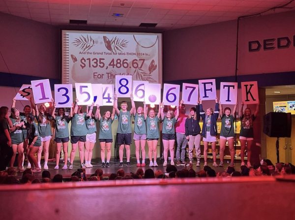 Members of the Mini-THON committees showing the final total during closing ceremony. Students finally sat down after 12 hours of standing. 