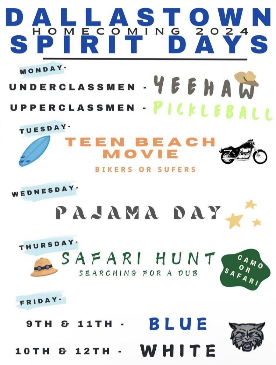 Spirit day list posted by Student Council.