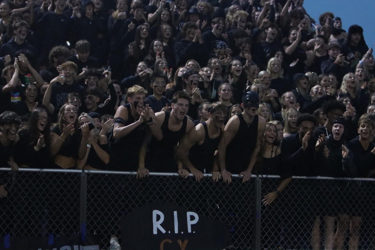 Student section cheering in the football stands.