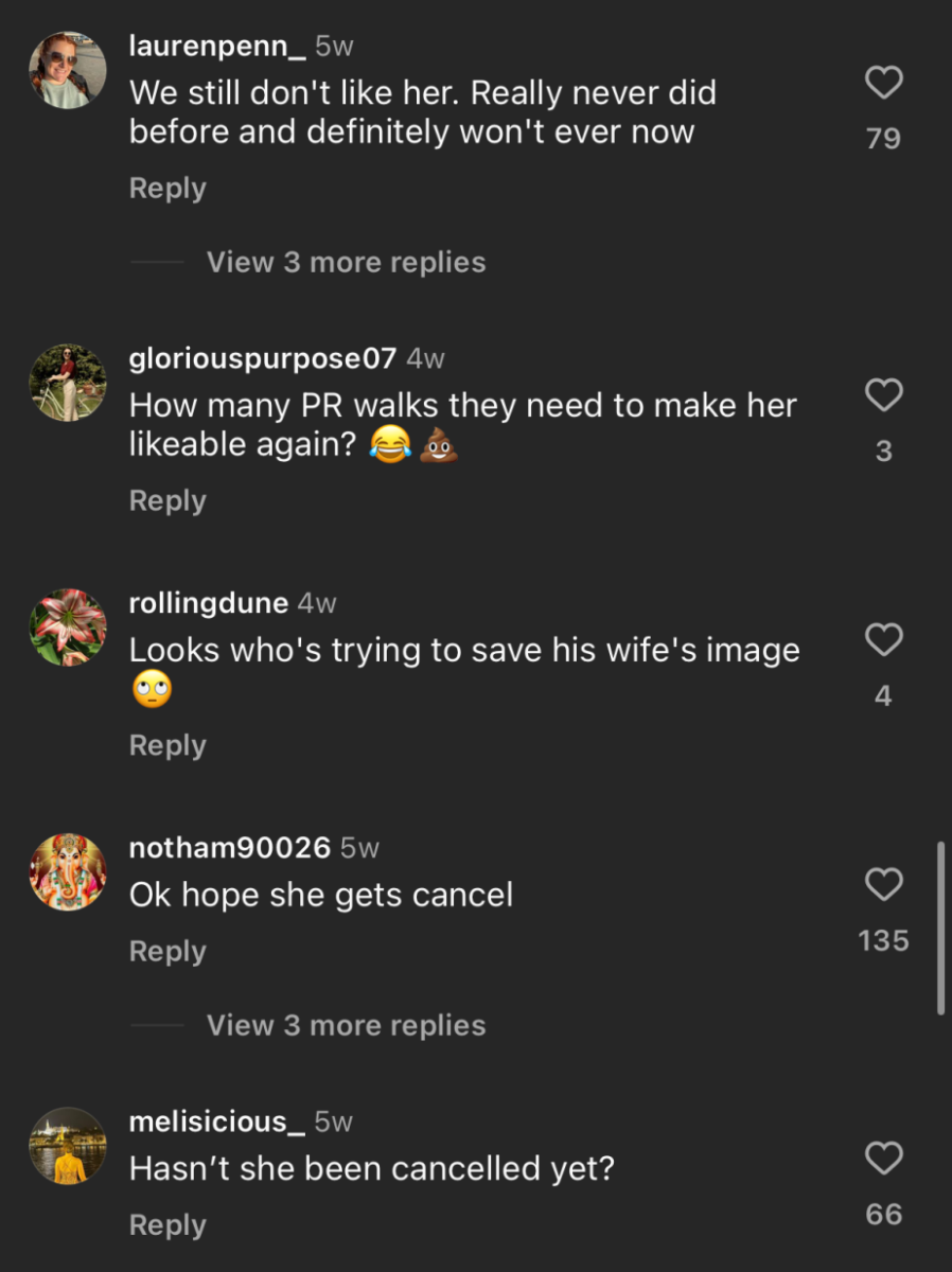 Screenshot of the comments of a post with a picture of Ryan Reynolds and Blake Lively. Taken from Vogue Magazine's Instagram page.