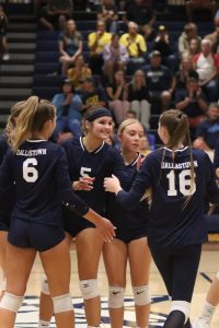 Girls volleyball teammates captured smiling together.