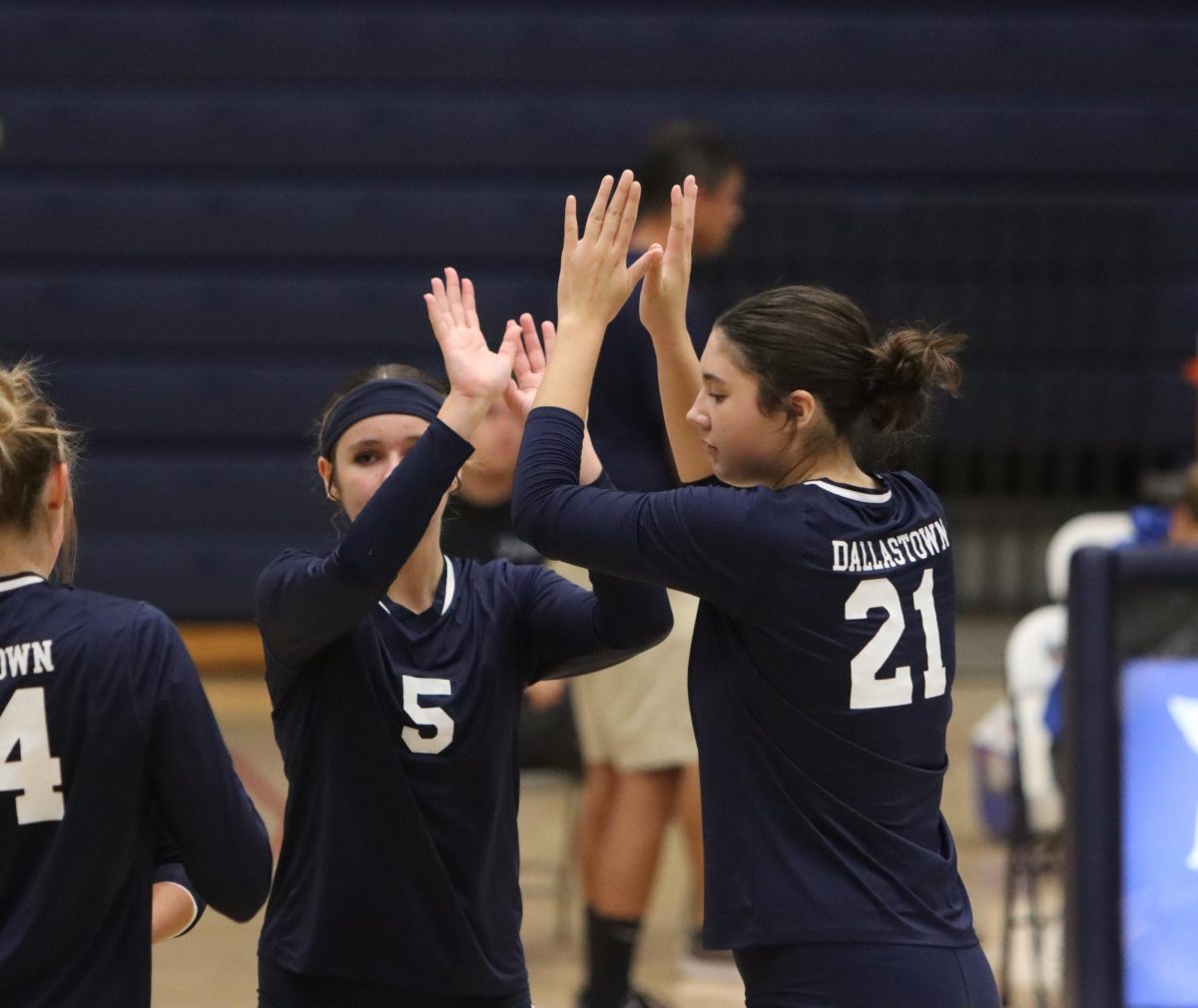 Girls volleyball teammates celebrate with each other.