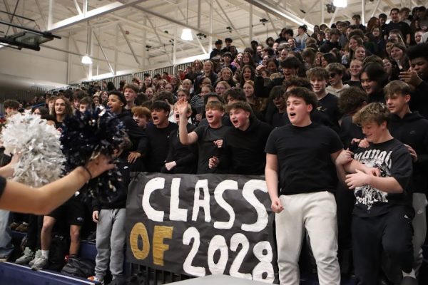 The Class of 2028 cheers on their classmates at the Class Wars pep rally. Freshman took the win and the spirit stick, surprising the upperclassmen. 