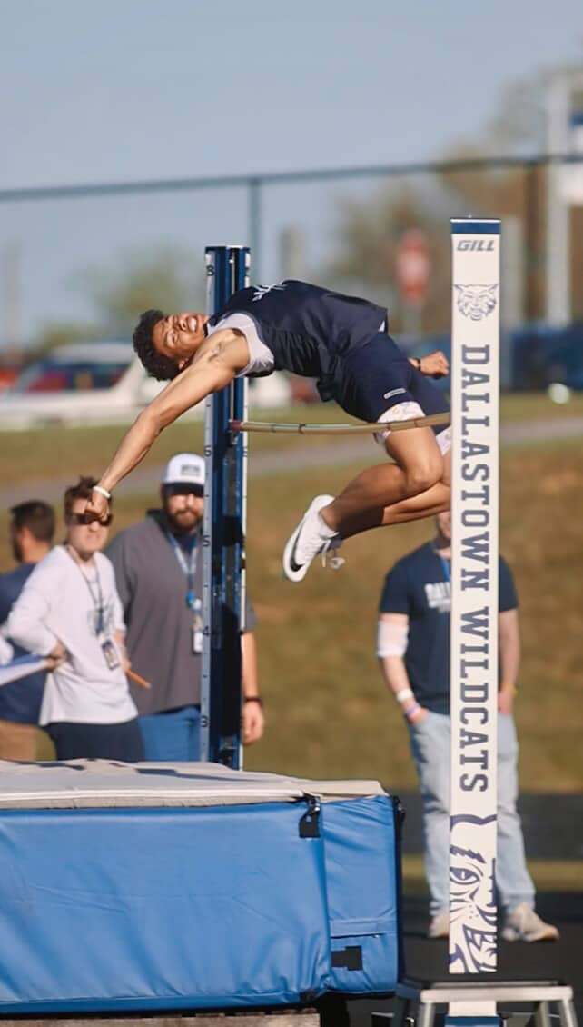 Jalen Cook competes in the high jump event at a dual meet against Spring Grove on April 23, 2025 at Dallastown Area High School