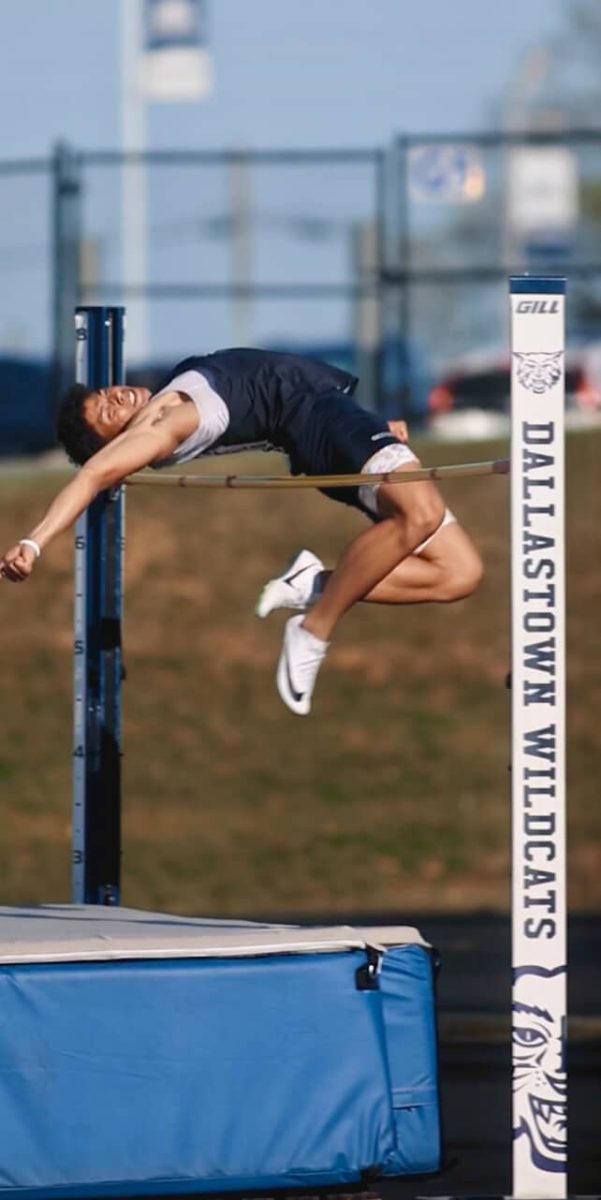 Jalen Cook competes in the high jump event at a dual meet against Spring Grove on April 23, 2025 at Dallastown Area High School
