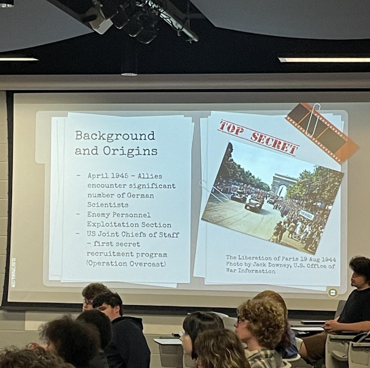 Students gathered in the Theater Room, engaged on the presentation given by Ms. Ortman on how science had an impact on the Holocaust. 