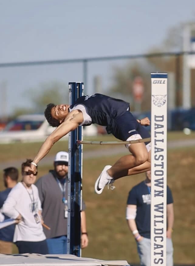 Jalen Cook competes in the high jump event at a dual meet against Spring Grove on April 23, 2025 at Dallastown Area High School