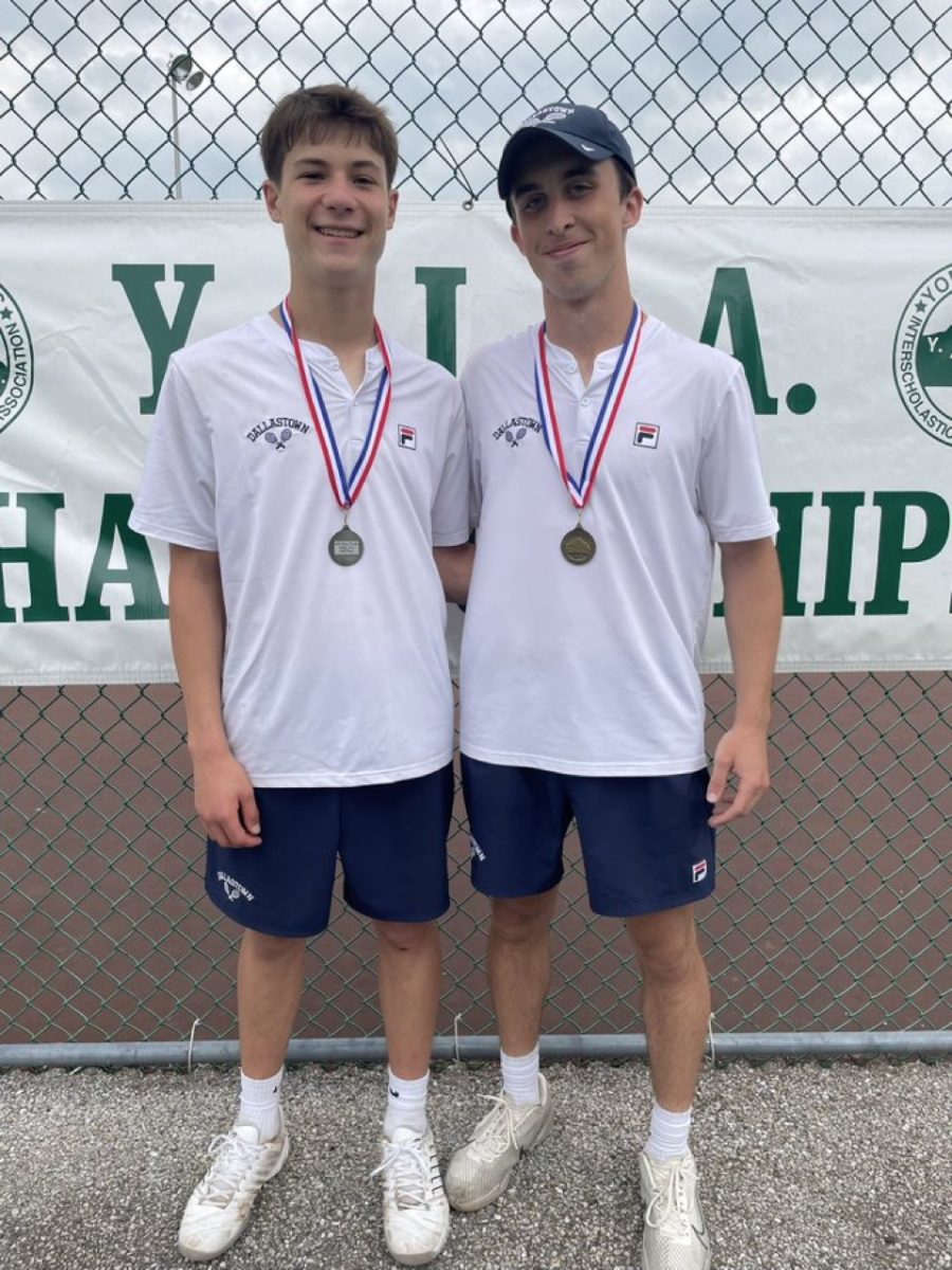 Seniors, Jacob Horn (left) and Hayden Koons (right) smile as they got first and second place at the YAIAA singles tournament. (Dallastown Athletics)