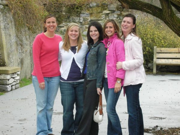 Mrs. Guttridge and her friends pose for a photo in the early 2000s. Fashion of that time period is making a comeback. (Guttridge)