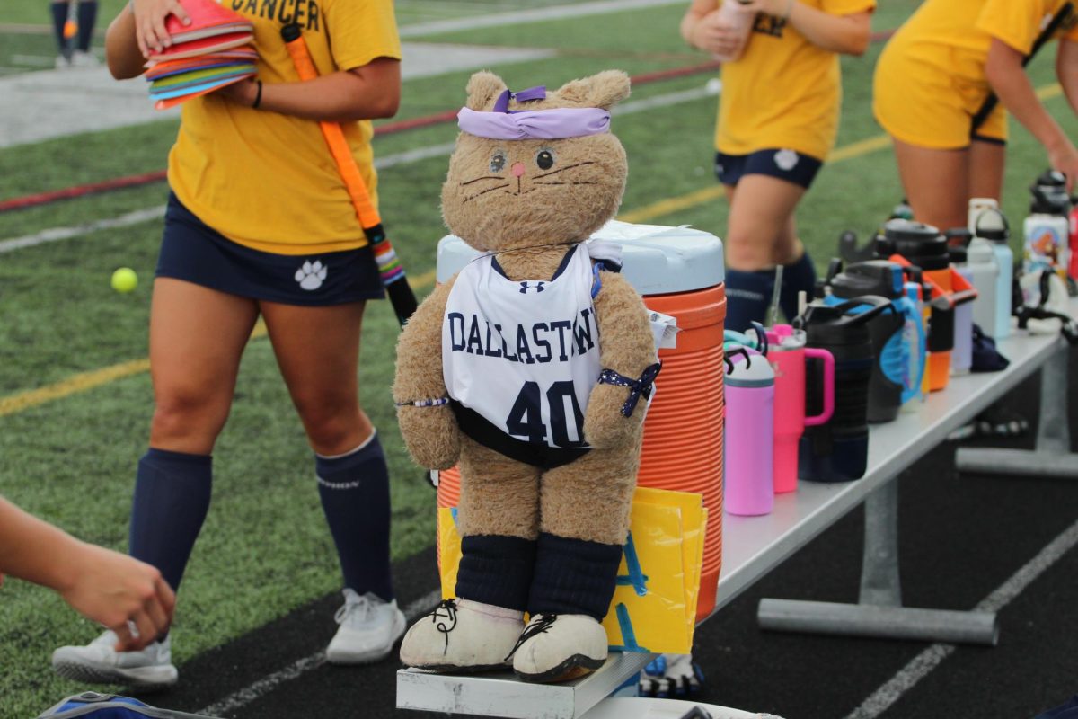 Field hockey mascot Winnie sits on the bench at a game. She is one of field hockey's biggest traditions. (Katie Drudy)