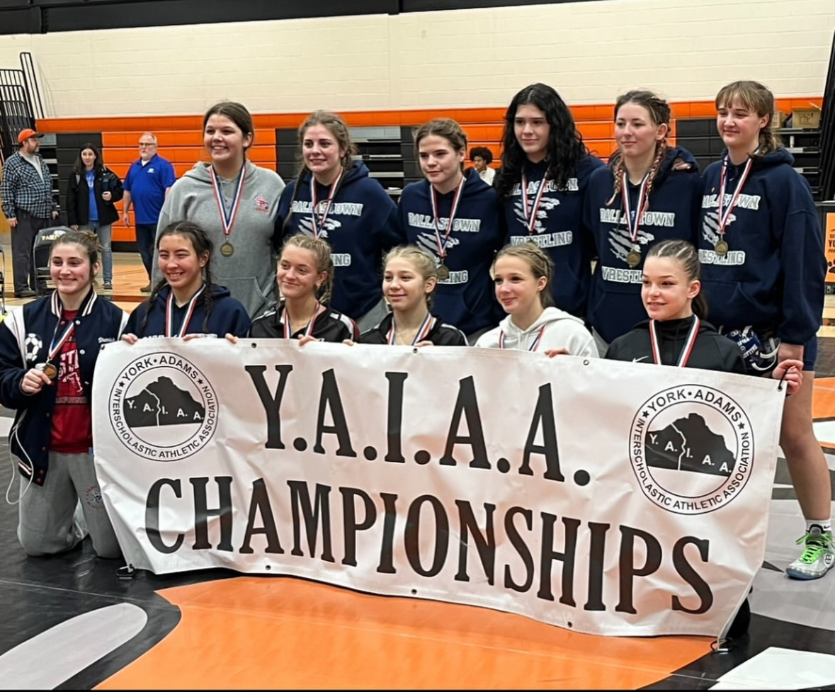 Dallastown's girls wrestling champions stand together with other district champs after a day of hard work and mental toughness, thanks to their coaches. (@dtowngirlswrestling)