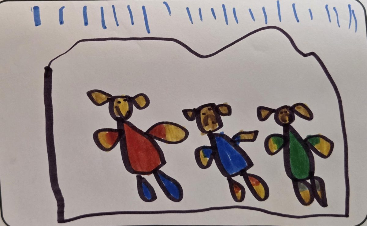 Blake's drawing of three people taking shelter inside from a rainstorm, with one of them exhibiting a smile and a positive attitude, illustrating the significance of his saying, "when it rains, do not cry."