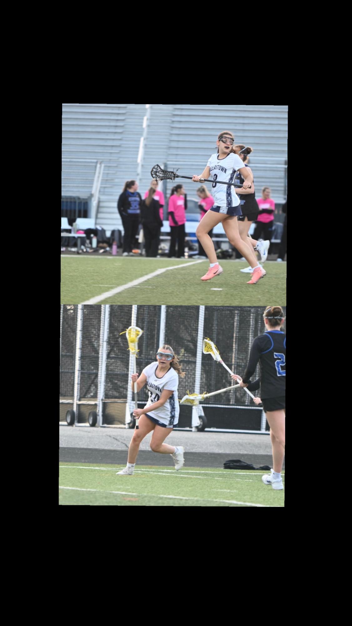 Gameday photos of seniors Akira Sorrell and Jacklyn Kinkella playing lacrosse at some of their first ever games (photos submitted).