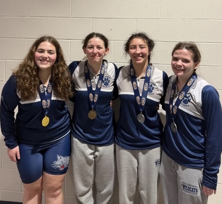 Noe Knott, Amelia Smith, Kenna Hoffman, and Avery Baldwin pose with their medals after districts. The Dallastown girls wrestling team had a successful 2025-2026 season. (Dallastown Girls Wrestling Instagram).