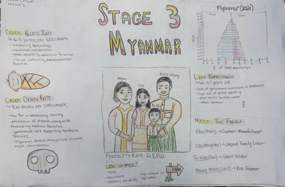Students participating in AP Human Geogaphy create many projects such as dodecahedrons with diferent religions, hanging globes, and posters on the demographics of countries.