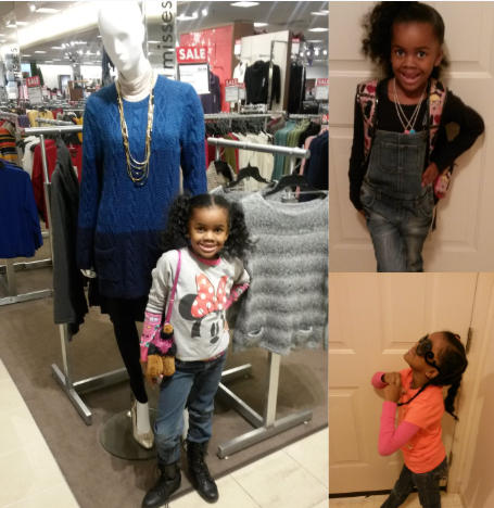 Six year old girl in a collage of pictures, two small ones to the right and a big one on the left with Hannah Montana inspired outfits on that include toy dog purse, overalls, and sunglasses in each.