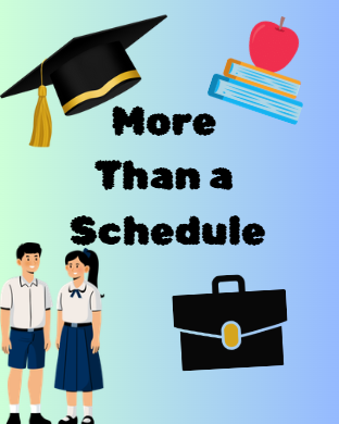 Blue background with the text "more than a schedule" with a suitcase, graduation cap, and 2 stacked book with an apple on top surrounding the text.