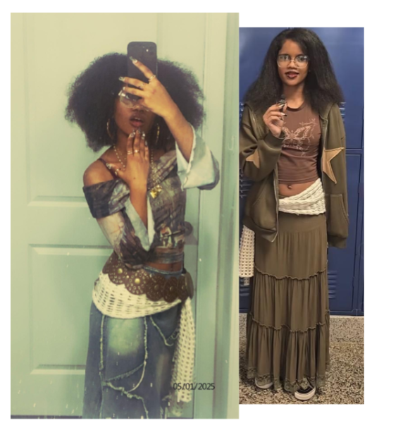 18 year old girl in a two picture collage with long skirt outfits on.